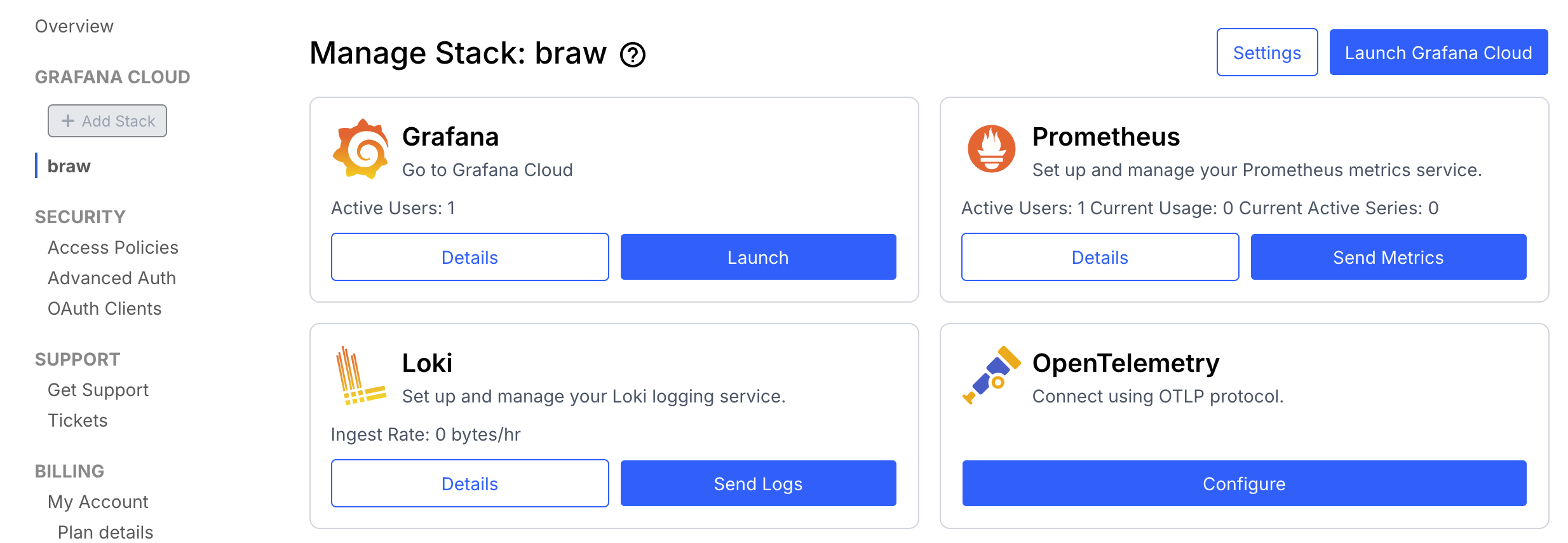 Screenshot of Grafana Cloud stack details
