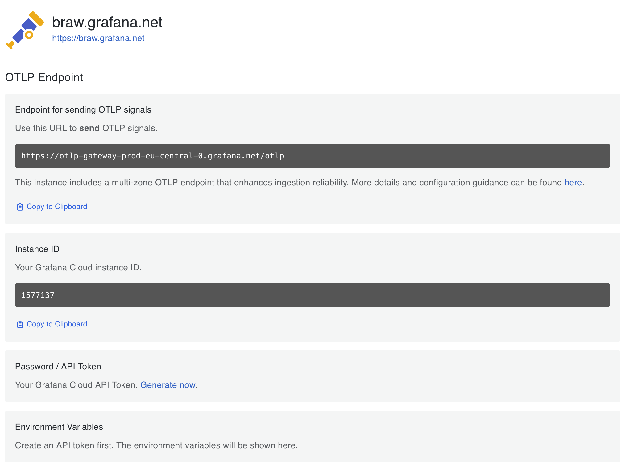 Screenshot of Grafana Cloud OTEL connection details