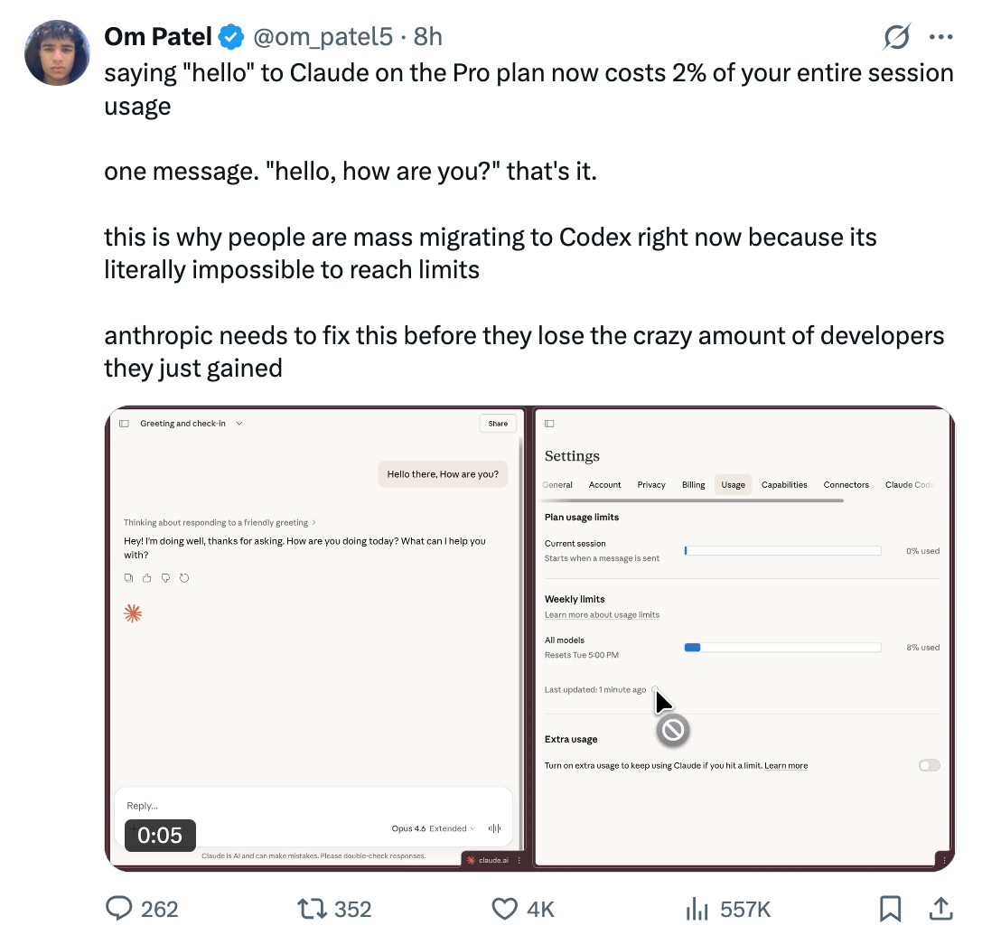 Tweet complaining “Hello, how are you?” uses 2% of Claude Pro usage